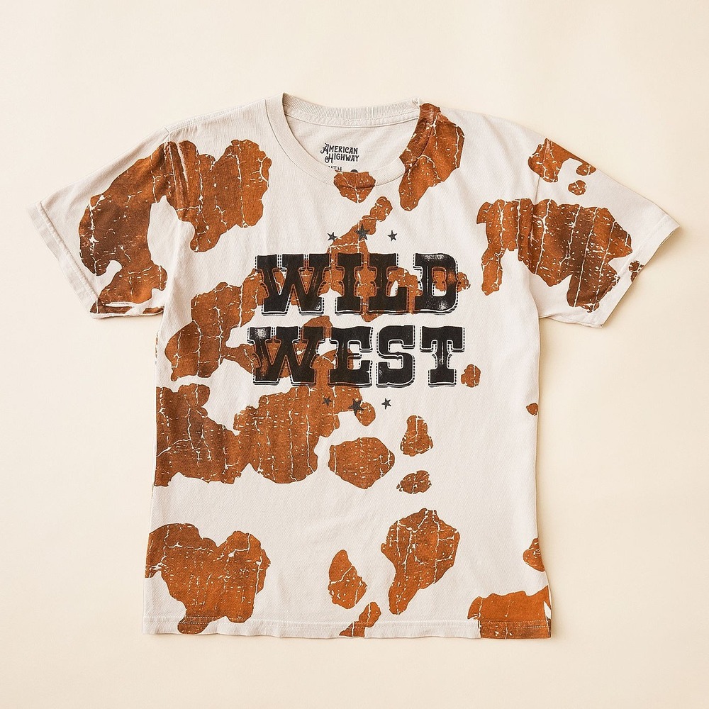 American Highway Wild West Cow Print Oversized T Shirt Youth Size L Western Chic